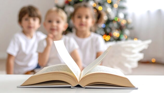 Three blurred children sit behind an open book on a white table with a festive Christmas tree in the background