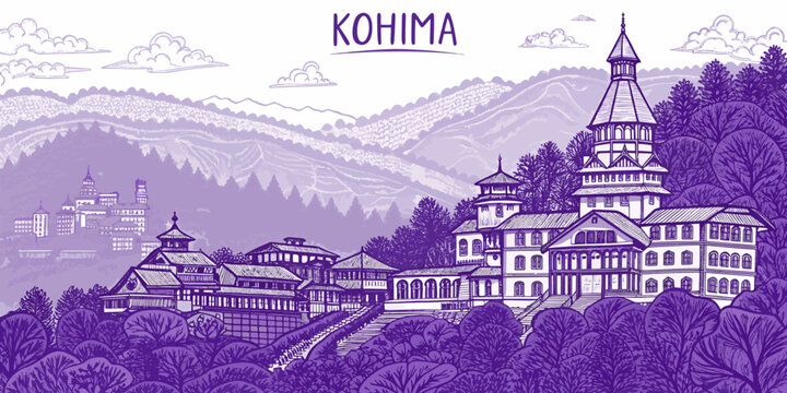 Kohima City Skyline Illustration with Naga Culture and Heritage Landmarks &ndash; Perfect for Travel Blogs, Posters, and Tourism Campaigns