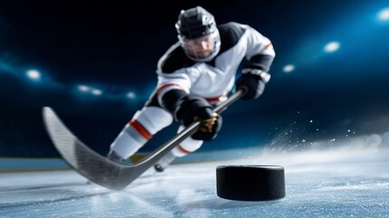 A skilled ice hockey player moves swiftly across the rink, focusing intently as he prepares to shoot the puck. The arena buzzes with excitement under bright lights, showcasing the fast-paced action
