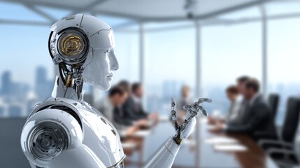 Futuristic Robot in Corporate Meeting Environment with Business Professionals Engaged in Discussion and Collaboration