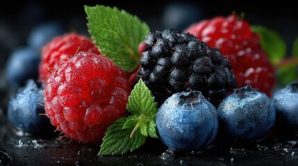 Fresh raspberries, blueberries, and blackberries sit beautifully with mint. Use it for health, food, or diet related projects, easy to use.
