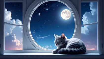 Tabby cat rests on a windowsill, looking out through a round window at a night sky with a full moon and clouds