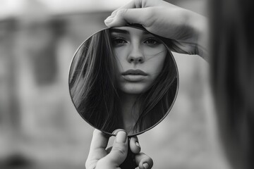 Elegant woman sees her reflection in a round mirror held up by manicured hands