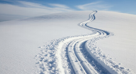 Ski tracks across snowy field in winter scene, ski tracks winding in pristine white expanse of fresh snow. Ski tracks suggest journey, adventure, or sport in winter season.