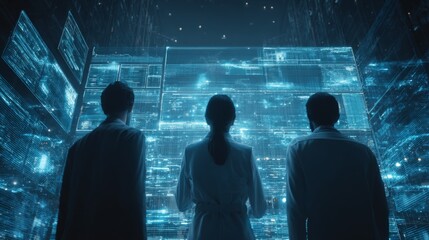 Scientists Analyzing Data in a High-Tech Lab Filled with Futuristic Digital Display Technology and Neon Graphics