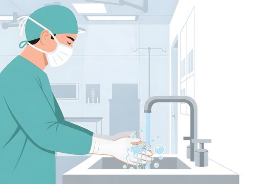 Professional medical surgeon diligently washes hands at a hospital sink, adhering to strict hygiene protocols for patient safety and sterile procedure preparation in a healthcare setting