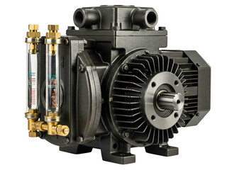 Industrial electric motor and vacuum pump with oil sight glasses on a transparent background