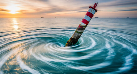 A red and white buoy stands in the ocean, creating a swirling vortex