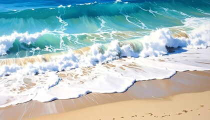 A vibrant coastal scene features a crashing ocean wave, rolling onto a sun-kissed beach. Soft, white foam meets the golden sand