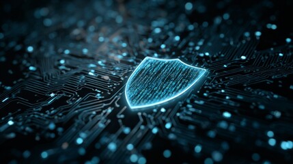 Digital Shield on Circuit Board Background Representing Cyber Security and Data Protection in a Modern Technology Environment