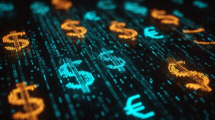 Abstract Digital Background with Currency Symbols in Neon Colors and Glowing Elements on Dark Backdrop for Financial Concepts