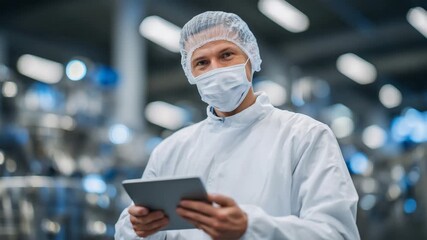 194Close-up of worker in hazmat suit using tablet to monitor sterile production line, bright clean lab lighting reflecting off stainless steel equipment - Powered by Adobe
