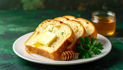 Three slices of golden toast on a plate topped with honey and butter, a jar of honey behind