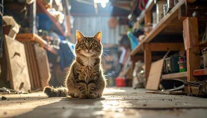 Tabby cat sits centered in a cluttered workshop, looking at the viewer with bright eyes. Soft lighting