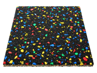 Black rubber gym floor tile with multicolored recycled flecks on a transparent background