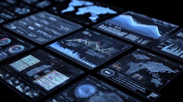 Futuristic Data Visualization Display with Charts, Graphs, and World Maps on a Dark Background for Technology Themes