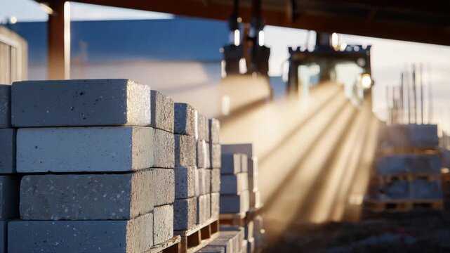200Close-up of stacked concrete blocks on a sunny construction site, dust particles illuminated by bright sunlight