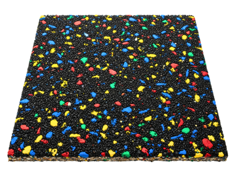 Black rubber gym floor tile with multicolored recycled flecks on a transparent background