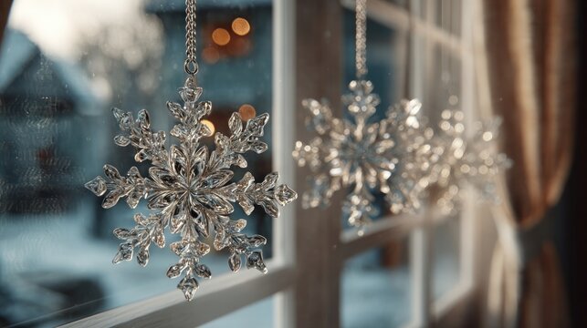 silver snowflake ornaments hanging in window,