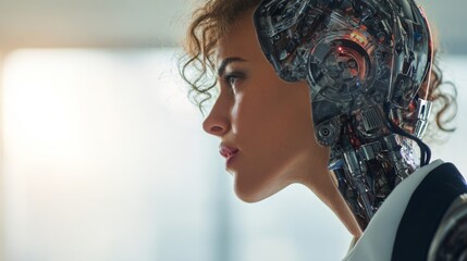 Futuristic woman with robotic features demonstrating the blend of technology and humanity in a modern, sleek environment