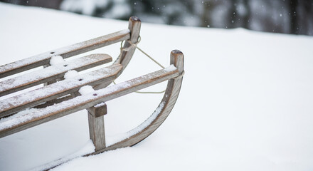 Vintage wooden toboggan on snowy surface, snow clinging to wooden planks. Classic toboggan suggests winter fun and childhood memories, evoking feelings of nostalgia.