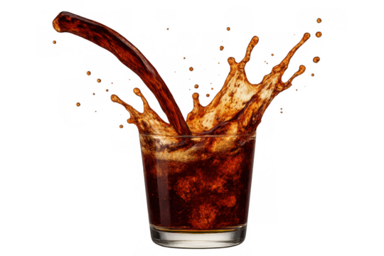 Pouring brown beverage creating dynamic splash in glass, fresh soda drink with liquid droplet motion, transparent background