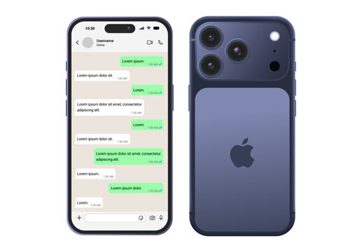 iPhone 17 mockup with WhatsApp chat interface UI design, smartphone front and back view, mobile messaging app screen, chat layout template, modern iOS device, realistic digital phone display