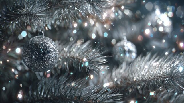 silver tinsel and ornaments sparkling on pine tree, - Powered by Adobe