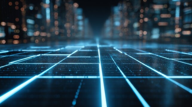 Futuristic cityscape with glowing grid lines and illuminated buildings at night in a digital environment showcasing technology