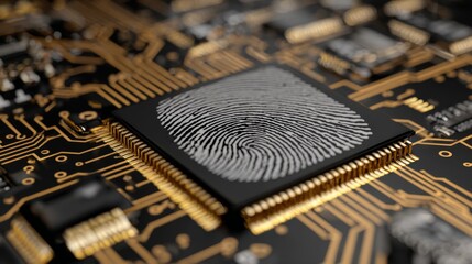 Artistic representation of a fingerprint on a computer chip showcasing technology, security, and digital identification concept