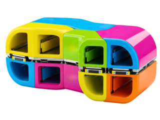 3D composition of colorful interlocking plastic shapes on a transparent background