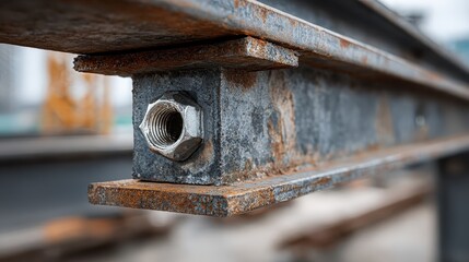 Rusty I-beam detail with a clean, new-looking nut and bolt. For structural engineering, construction, or industrial themed designs.