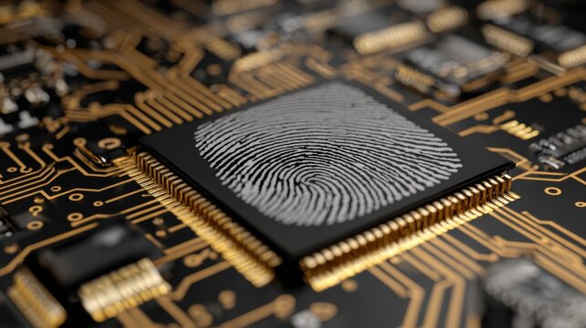 Artistic representation of a fingerprint on a computer chip showcasing technology, security, and digital identification concept