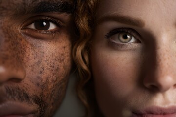 Intimate closeup of the faces of a biracial couple symbolizing unity and diversity