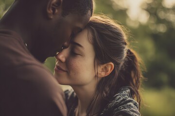 Obraz premium Intimate moment between a couple in a loving embrace outdoors during daytime