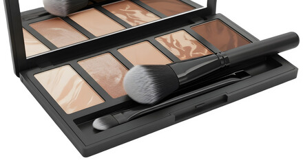 Luxury cosmetic contour and highlight makeup palette kit with professional blending brush. isolated PNG with Transparent Background