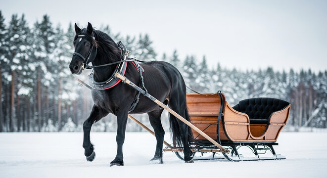 Black horse pulling sleigh in winter landscape with snow covered trees. Black horse harnessed to sleigh offers idyllic scene. - Powered by Adobe