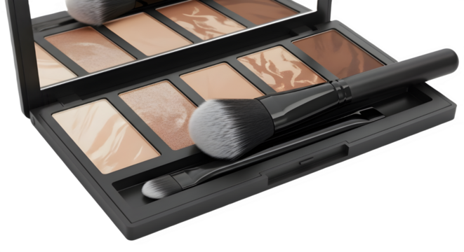 Luxury cosmetic contour and highlight makeup palette kit with professional blending brush. isolated PNG with Transparent Background