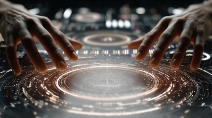 Hands Reaching Towards Holographic Interface with Light Effects and Digital Elements Representing Future Technology Concepts