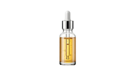 Clear glass dropper bottle containing golden liquid cosmetic oil or serum for beauty and skincare isolated PNG with Transparent Background