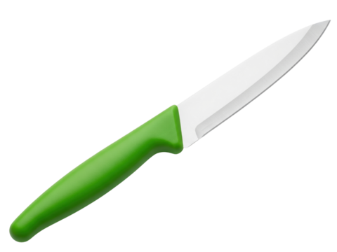 Paring knife with green plastic handle and sharp steel blade on a transparent background