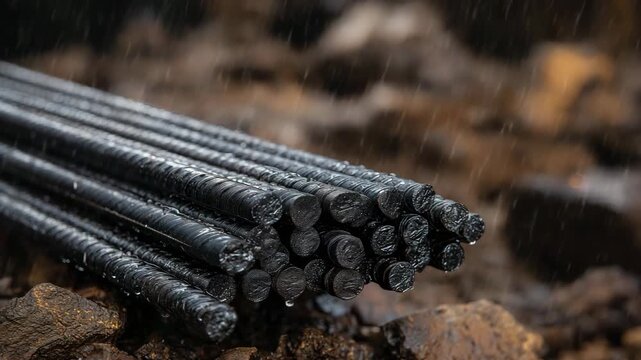 220Steel rods bundled on wet ground under rainy sky, close-up showing corrosion-resistant finish