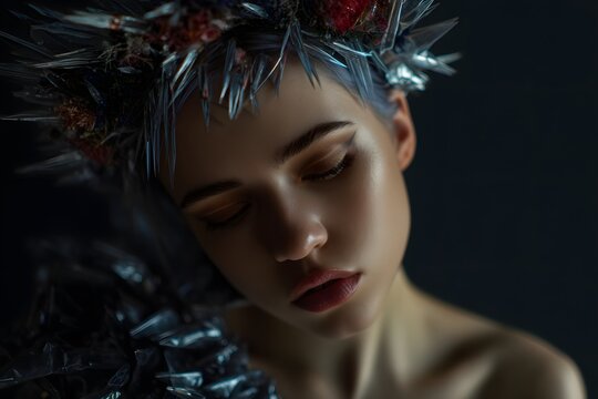 Tranquil portrait of a woman with an avant-garde headdress