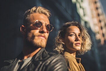 Obraz premium Contemplative couple standing together in city, looking towards the future with hope