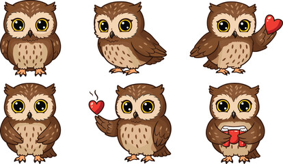 Cute brown owl character set holding heart with adorable expressions for kids design and valentine theme, CAD drawing flat vector illustration.