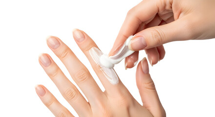 Close up of woman applying moisturizing lotion to her hands for beauty and skincare isolated PNG with Transparent Background