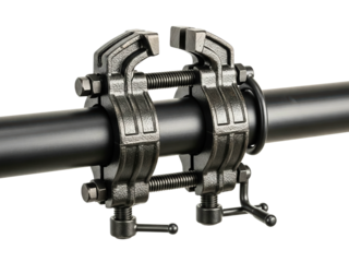 Double screw vise clamp secured on a black metal pipe on a transparent background