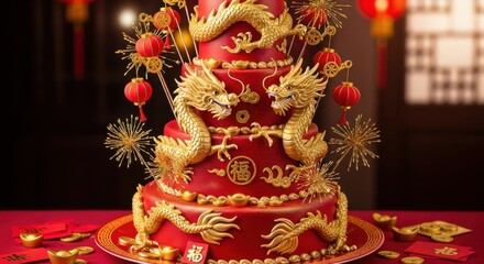 Spectacular red and gold tiered celebration cake featuring ornate golden floral arrangements and traditional Asian prosperity symbols with vibrant decorative elements, perfect for Chinese New Year cel