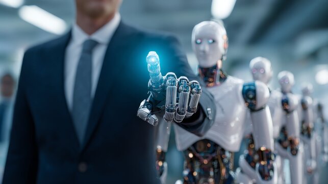 Human and robot interaction in a futuristic setting showcasing advanced technology and artificial intelligence concepts