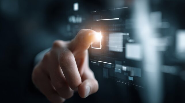 Hand Pointing at Digital Interface in Futuristic Technology Concept with Abstract Motion Graphics and Data Visualization Elements